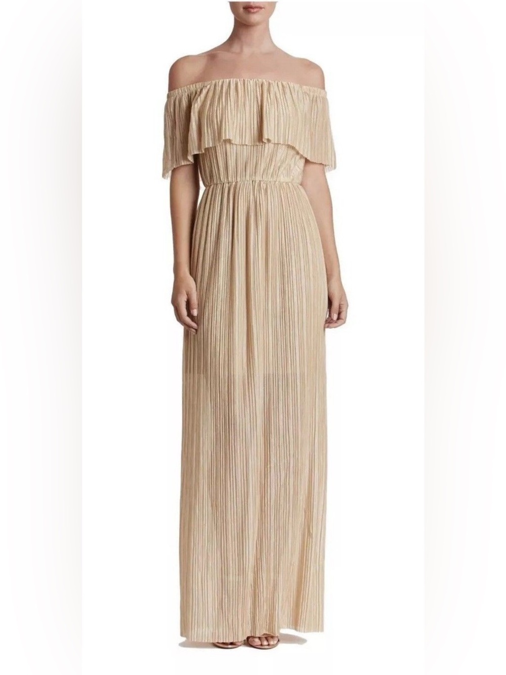 Dress the Population Athena Gold Metallic Plisse Off Shoulder Gown Size Large